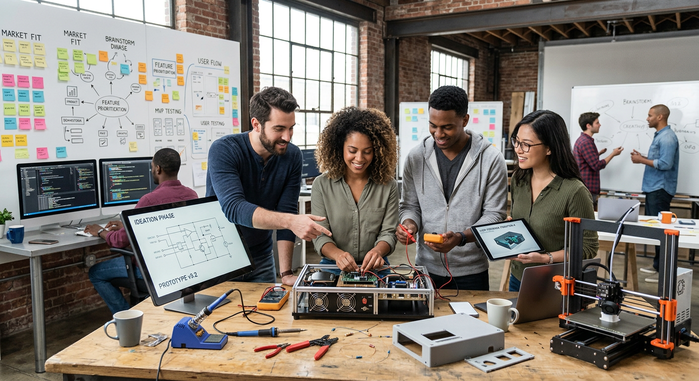 Four people working together on electronics prototype with tools and 3D printer